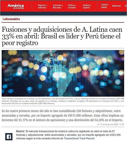 Fusiones y adquisiciones de A. Latina caen 33% en abril: Brasil es lder y Per tiene el peor registro